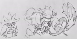 Size: 2048x1038 | Tagged: safe, artist:sonicrelated, silver the hedgehog, tangle the lemur, 2025, cute, eye clipping through hair, floppy ears, hand on hip, heart, holding each other, kiss, lesbian, line art, looking at them, pencilwork, shipper on deck, shirt, sketch, standing, sunglasses, traditional media, trio, words on a shirt