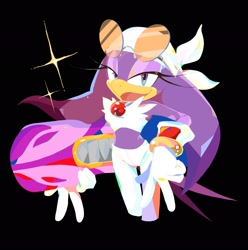 Size: 2032x2048 | Tagged: safe, artist:www_mn_, wave the swallow, bird, 2025, backwards v sign, black background, extreme gear, female, holding something, lidded eyes, looking at viewer, open smile, simple background, smile, solo, sonic riders, sparkles, standing, v sign
