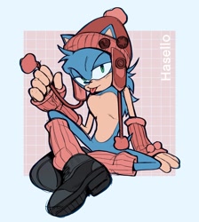 Size: 1788x1994 | Tagged: safe, artist:sleepytrademark, sonic the hedgehog, hedgehog, 2025, abstract background, alternate outfit, beanie, fingerless gloves, flat colors, gloves, hat, leg warmers, lidded eyes, looking at viewer, male, shoes, sitting, smile, solo, tongue out, trainers, winter outfit