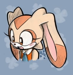 Size: 495x505 | Tagged: safe, artist:pukopop, cream the rabbit, 2025, abstract background, blushing, bust, looking down, looking offscreen, mouth open, open smile, signature, solo