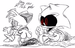 Size: 2882x1831 | Tagged: safe, artist:tateng, miles "tails" prower, oc, oc:sonic.exe, 2022, black sclera, bloodshot eyes, chasing, duo, frown, line art, looking at each other, monochrome, mouth open, open smile, running, simple background, spinning tails, spot color, white background