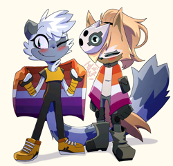 Size: 2000x1928 | Tagged: artist needed, safe, tangle the lemur, whisper the wolf, blushing, duo, frown, lesbian, lesbian pride, pride, shipping, shy, signature, simple background, smile, standing, tangle x whisper, white background