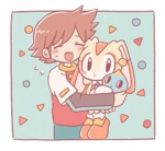 Size: 755x696 | Tagged: safe, cheese (chao), chris thorndyke, cream the rabbit, chao, human, rabbit, cheeseabetes, chream, creamabetes, cuddling, female, happy, hug, human on chao snuggling, human on mobian snuggling, male, shipping, straight