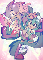 Size: 1447x2048 | Tagged: safe, artist:shardkn1ght, sonic the hedgehog, human, 2025, abstract background, crossover, duo, hatsune miku, looking at viewer, signature, sparkles