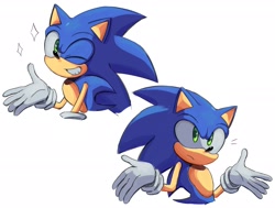Size: 2048x1549 | Tagged: safe, artist:twixei0, sonic the hedgehog, 2025, bust, frown, looking at viewer, looking offscreen, shrugging, simple background, smile, solo, sparkles, white background, wink