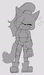 Size: 1195x2048 | Tagged: safe, artist:zeil_s5, whisper the wolf, 2025, cute, eye clipping through hair, eyes closed, greyscale, holding arm, monochrome, mouth open, open mouth, open smile, simple background, smile, solo, standing, whispabetes, white background