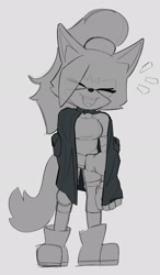 Size: 1195x2048 | Tagged: safe, artist:zeil_s5, whisper the wolf, 2025, alternate version, cape, cute, eye clipping through hair, eyes closed, greyscale, holding arm, monochrome, mouth open, open mouth, open smile, simple background, smile, solo, spot color, standing, whispabetes, white background