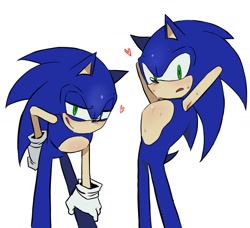 Size: 1722x1570 | Tagged: safe, artist:_mesobe_1, sonic the hedgehog, 2025, bending over, blushing, blushing chest, hand on hip, hands behind head, heart, licking lips, looking at viewer, mouth open, simple background, solo, standing, stupid sexy sonic, sweatdrop, tongue out, white background