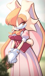 Size: 1209x2048 | Tagged: safe, artist:nan0lovesyou, vanilla the rabbit, 2025, abstract background, daytime, hands together, lidded eyes, looking at viewer, outdoors, smile, solo, standing, vanillabetes