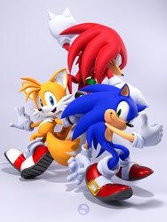 Size: 1440x1920 | Tagged: safe, artist:humansas_, knuckles the echidna, miles "tails" prower, sonic the hedgehog, 2025, 3d, abstract background, frown, looking at viewer, looking offscreen, mouth open, open smile, redraw, signature, smile, team sonic, thumbs up, trio, v sign