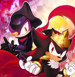Size: 2002x2048 | Tagged: safe, artist:neuvyhusband, espio the chameleon, shadow the hedgehog, 2025, abstract background, cape, crown, duo, frown, king shadow, looking at viewer, ninja outfit, outline, star (symbol)