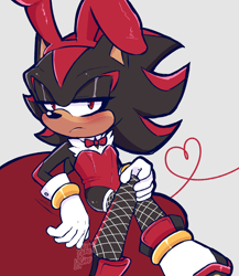 Size: 1774x2048 | Tagged: suggestive, artist:faburin, shadow the hedgehog, 2025, beanbag, blushing, bunny girl outfit, femboy, fishnets, frown, grey background, heart, lidded eyes, looking at viewer, signature, simple background, sitting, solo