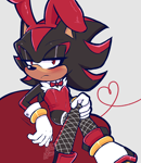 Size: 1774x2048 | Tagged: suggestive, artist:faburin, shadow the hedgehog, 2025, beanbag, blushing, bunny girl outfit, femboy, fishnets, frown, grey background, heart, lidded eyes, looking at viewer, signature, simple background, sitting, solo