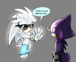 Size: 822x675 | Tagged: safe, artist:boyscout_badger, espio the chameleon, silver the hedgehog, 2025, chest fluff, dialogue, duo, english text, eyes closed, frown, glowing, grey background, neck fluff, shorts, simple background, speech bubble, standing, sunglasses