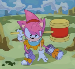 Size: 2048x1888 | Tagged: safe, artist:hella_hailey, amy rose, sonic cd, 2025, abstract background, classic amy, clouds, hand on ground, holding something, looking ahead, outdoors, piko piko hammer, redraw, smile, solo