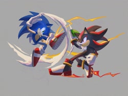 Size: 2048x1536 | Tagged: safe, artist:maymango_24, shadow the hedgehog, sonic the hedgehog, 2025, chaos emerald, duo, dust clouds, frown, grey background, lineless, looking at each other, mid-air, simple background, skating, smile
