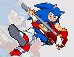 Size: 2048x1580 | Tagged: safe, artist:pwxcii, sonic the hedgehog, 2025, clothes, crop top, echo background, eyelashes, fingerless gloves, gender swap, guitar, holding something, jacket, leg warmers, lidded eyes, looking at viewer, open jacket, smile, solo, tongue out