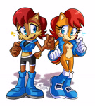 Size: 2390x2663 | Tagged: safe, artist:slliphylla, sally acorn, chipmunk, duo, female, outfit swap, sally's ringblader outfit, sally's vest and boots, self paradox, simple background, white background
