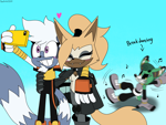 Size: 4000x3000 | Tagged: safe, artist:fartist2020, cassia the pronghorn, tangle the lemur, whisper the wolf, breakdancing, gradient background, lesbian, selfie, shipping, tangle x whisper, third wheel, trio