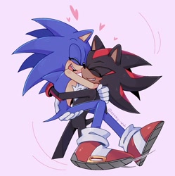 Size: 1499x1506 | Tagged: safe, artist:zeemy-wah, shadow the hedgehog, sonic the hedgehog, 2025, blushing, cute, duo, eyes closed, gay, happy, heart, hugging, shadow x sonic, shadowbetes, shipping, signature, smile, sonabetes