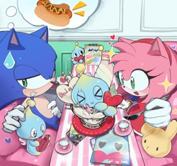 Size: 2048x1921 | Tagged: safe, artist:0ni91ri, amy rose, sonic the hedgehog, chao, 2025, amy x sonic, chili dog, food, indoors, neutral chao, shipping, sitting, sparkles, spoon, straight, sweatdrop, table, thought bubble