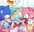 Size: 2048x1921 | Tagged: safe, artist:0ni91ri, amy rose, sonic the hedgehog, chao, hedgehog, 2025, amy x sonic, chili dog, dessert, female, food, indoors, male, neutral chao, quartet, shipping, sitting, sparkles, spoon, straight, sweatdrop, table, thought bubble
