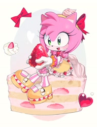 Size: 1564x2048 | Tagged: safe, artist:0ni91ri, amy rose, 2025, bow, cake, dulce amy, food, heart, simple background, sitting, solo, strawberry, strawberry shortcake (food), white background