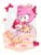 Size: 1564x2048 | Tagged: safe, artist:0ni91ri, amy rose, 2025, bow, cake, dulce amy, food, heart, lolita, simple background, sitting, solo, strawberry, strawberry shortcake (food), sweet lolita, white background