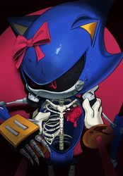 Size: 1423x2048 | Tagged: safe, artist:0ni91ri, amy rose, metal sonic, 2025, bone, bow, duo, heart, heart (organ), metamy, robot, shipping, solo focus, straight