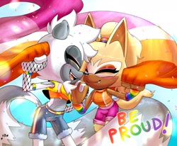 Size: 2048x1687 | Tagged: safe, artist:buddyhyped, tangle the lemur, whisper the wolf, 2025, confetti, cute, duo, english text, eyes closed, fishnets, lesbian, lesbian pride, pride, shipping, smile, standing, tangle x whisper