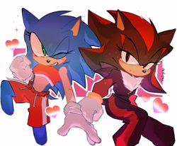 Size: 2048x1691 | Tagged: safe, artist:deadvpoo, shadow the hedgehog, sonic the hedgehog, 2025, duo, frown, heart, lesbian, lesbian pride, pride, r63 shipping, shadow x sonic, shipping, smile