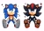 Size: 2048x1435 | Tagged: safe, artist:twixei0, shadow the hedgehog, sonic the hedgehog, 2025, cross popping vein, cute, duo, front view, frown, looking up, simple background, sitting, smile, sparkles, treads, white background