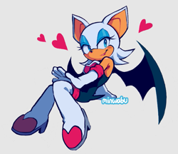 Size: 719x620 | Tagged: safe, artist:minwabu, rouge the bat, 2025, blushing, grey background, heart, looking at viewer, signature, simple background, sitting, smile, solo
