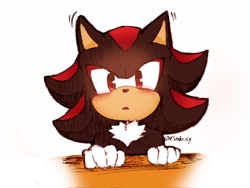 Size: 2048x1536 | Tagged: safe, artist:rindo_sy, shadow the hedgehog, 2025, blushing, cute, mouth open, open mouth, shadowbetes, signature, simple background, solo, white background