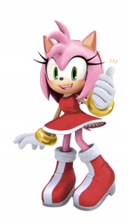 Size: 1188x2048 | Tagged: safe, artist:hanibananeez, amy rose, 2025, blushing, lineless, looking at viewer, open smile, redraw, simple background, smile, solo, sonic blitz, standing, thumbs up, white background