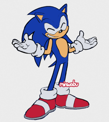 Size: 696x781 | Tagged: safe, artist:minwabu, sonic the hedgehog, 2025, clenched teeth, flat colors, shrugging, signature, simple background, smile, solo, standing, white background