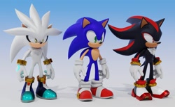 Size: 2048x1265 | Tagged: safe, artist:ladylunanova, shadow the hedgehog, silver the hedgehog, sonic the hedgehog, 2025, 3d, frown, gradient background, looking offscreen, smile, standing, trio