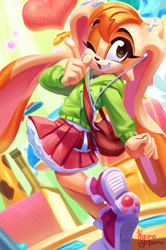 Size: 827x1242 | Tagged: safe, artist:kyurochurro, cream the rabbit, rabbit, bag, brown eyes, cosplay, cream fur, female, hoodie, kagamine rin, shoes, skirt, vocaloid