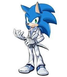 Size: 700x800 | Tagged: safe, artist:lenmeu, sonic the hedgehog, hedgehog, alternate outfit, blue fur, gloves, green eyes, male, shoes, solo, suit