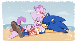 Size: 2048x1149 | Tagged: safe, artist:milkchaotea, blaze the cat, sonic the hedgehog, shipping, sonaze