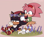 Size: 1991x1661 | Tagged: safe, artist:scruffiberri, amy rose, shadow the hedgehog, hedgehog, classic amy, cute, duo, female, flower, male