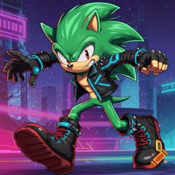 Size: 1024x1024 | Tagged: safe, ai art, scourge the hedgehog, hedgehog, asymmetrical gloves, boots, fingerless gloves, gloves, green fur, jacket, male, red eyes, single fingerless glove, single glove