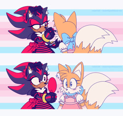 Size: 2048x1927 | Tagged: safe, artist:sonicpridecorner, miles "tails" prower, shadow the hedgehog, 2025, bow, cute, dress, duo, makeup, mirror, pride, pride flag, pride flag background, smile, sparkles, trans female, trans girl shadow, trans girl tails, trans pride, transfem pride, transfeminine, transgender