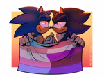 Size: 2048x1536 | Tagged: safe, artist:sonicpridecorner, shadow the hedgehog, sonic the hedgehog, 2025, abstract background, duo, flag, gay, genderfluid, genderfluid pride, holding hands, holding something, looking at each other, pride, pride flag, shadow x sonic, shipping, signature, smile, t4t, top surgery scars, trans boy sonic, trans male, trans pride, transgender