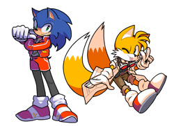 Size: 1100x800 | Tagged: safe, artist:discommunicator, miles "tails" prower, sonic the hedgehog, 2025, clothes, duo, goggles, goggles around neck, jacket, lab coat, looking at viewer, open jacket, overalls, shorts, smile, standing, stretching, tongue out, v sign, wink, zip