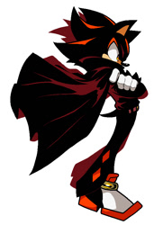 Size: 600x830 | Tagged: safe, artist:discommunicator, shadow the hedgehog, 2025, arms folded, belt, cape, clothes, looking offscreen, pants, side view, simple background, solo, standing, sweater, white background