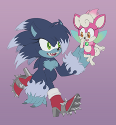 Size: 1395x1497 | Tagged: safe, artist:itoruna-the-platypus, chip, sonic the hedgehog, sonic unleashed, 2025, duo, flying, gender swap, gradient background, looking at each other, smile, sonic the werehog, walking, were form, werehog