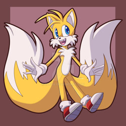 Size: 1280x1280 | Tagged: safe, artist:sofua, miles "tails" prower, 2024, abstract background, deviantart watermark, looking at viewer, mouth open, obtrusive watermark, one fang, open smile, smile, solo, starry eyes, watermark