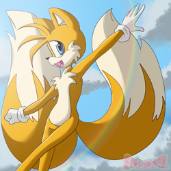 Size: 1080x1080 | Tagged: safe, artist:sofua, miles "tails" prower, 2020, abstract background, clenched fist, clouds, daytime, looking at viewer, mouth open, open smile, outdoors, signature, smile, solo, standing