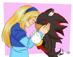 Size: 800x629 | Tagged: safe, artist:r2y9s, maria robotnik, shadow the hedgehog, human, 2025, abstract background, cute, duo, ear fluff, eyes closed, hands on another's face, signature, smile, wagging tail